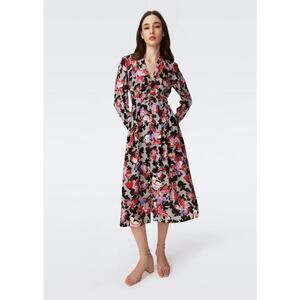 Diane Von Furstenberg Erica Midi Shirt Dress Women's 10 Floral Designer DVF